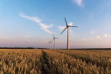 Windmolens in het weiland met ondergaande zon.