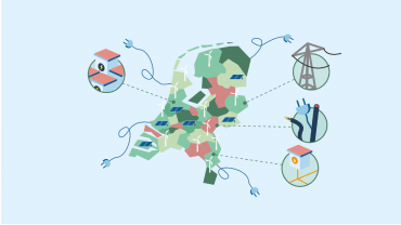 Een stilistische weergave van Nederland met de onderdelen van het energienetwerk er op getekend.
