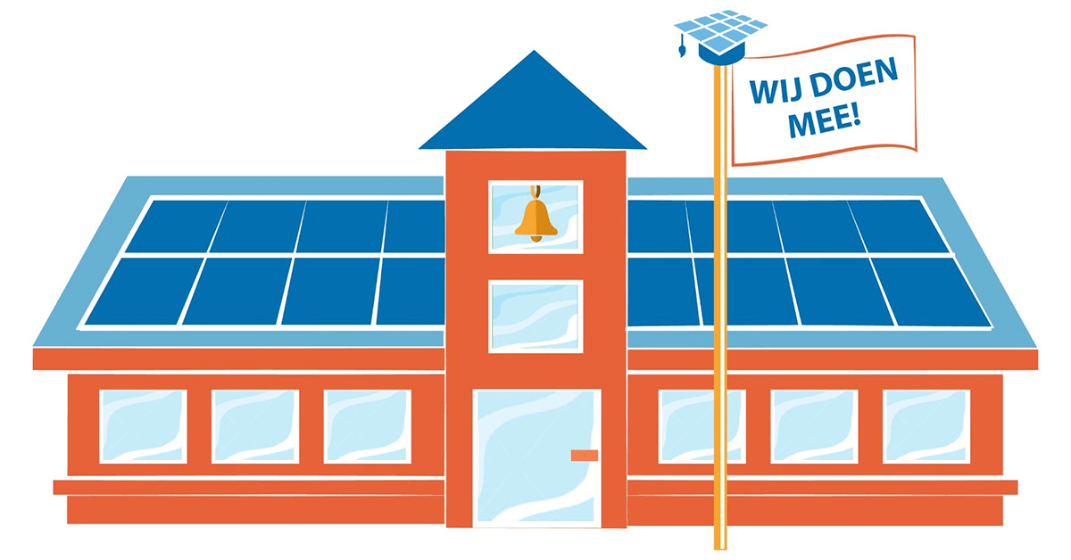 Tekening van een school met zonnepanelen